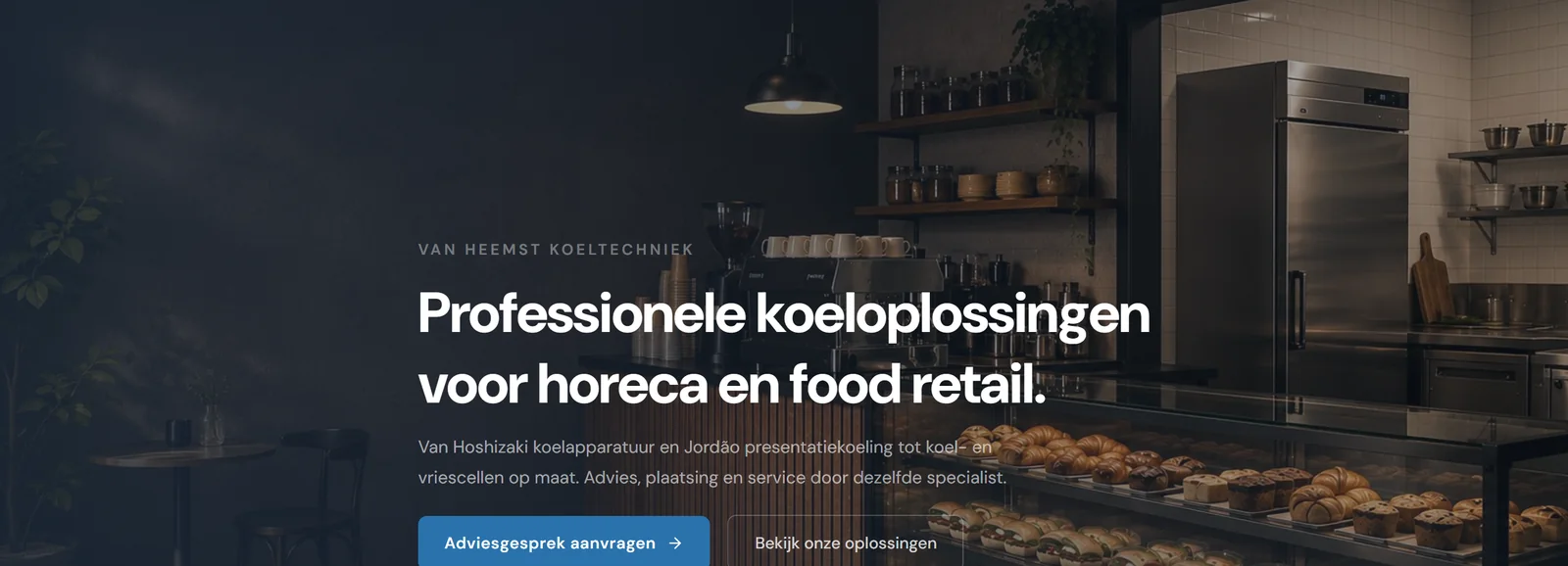 Homepage van Van Heemst Koeltechniek met de kop 'Professionele koeloplossingen voor horeca en food retail'.