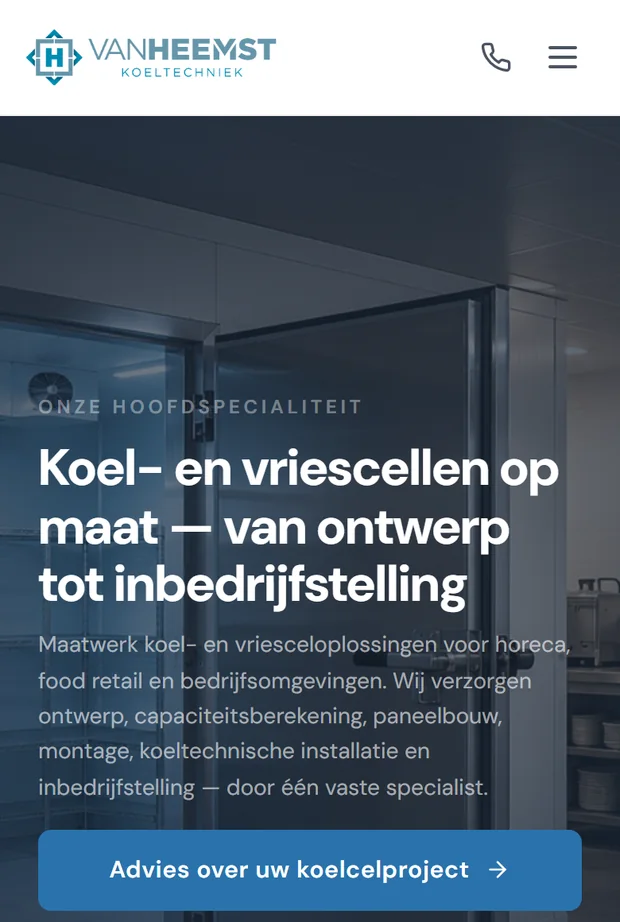 Mobiele weergave van de pagina Koel- en vriescellen: 'Koel- en vriescellen op maat — van ontwerp tot inbedrijfstelling'.